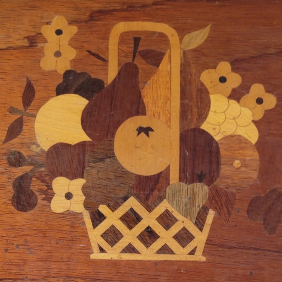 Wooden Fruit Basket Inlay Tray ~ 1960s Vintage Marquetry Inlay Teak Wood Serving - Picture 2 of 4
